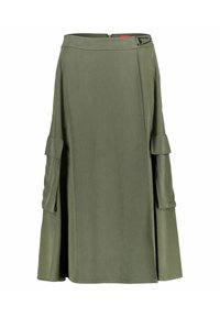 Oliivinvihreä midi-hame, jossa on sivutaskut, etuosan kietomallinen muotoilu ja metallinen solki vyötäröllä.