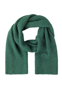 Grüner, gestrickter Schal mit einer weichen Textur, gerippten Enden und einem dicken, gemütlichen Design, das sich für kaltes Wetter eignet.