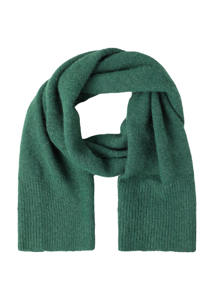 Grüner, gestrickter Schal mit einer weichen Textur, gerippten Enden und einem dicken, gemütlichen Design, das sich für kaltes Wetter eignet.