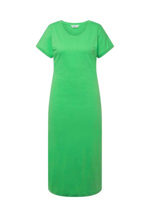 Groene katoenen t-shirt jurk met korte mouwen, ronde halslijn en een rechte snit, die net onder de knie valt. Gelijke textuur zonder patronen.