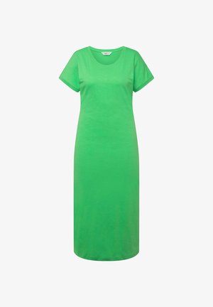 Grünes Baumwoll-T-Shirt-Kleid mit kurzen Ärmeln, rundem Halsausschnitt und geradem Schnitt, das unter das Knie fällt. Glatte Textur ohne Muster.