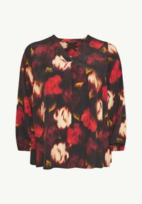 Blusa nera con scollatura a V, caratterizzata da un motivo floreale in rosso e bianco con accenti verdi, e maniche lunghe leggermente arricciate.