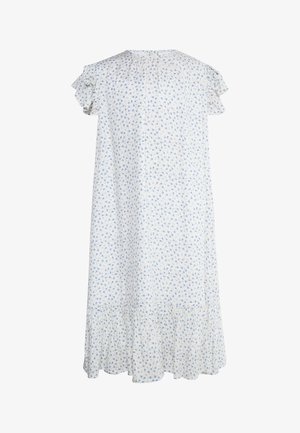 Lekka, kwiatowa sukienka z bawełny z krótkimi falbanianymi rękawami, białym tłem i niebieskim wzorem kwiatowym. Posiada rozkloszowany dół.