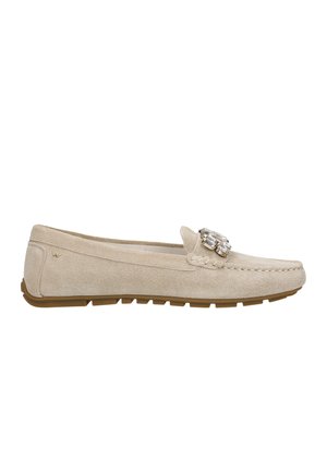 Beige suede moccasin-style shoe with a decorative rhinestone accent on the upper, textured surface, and a rubber sole with grooves.