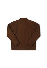 Καφέ, μακρυμάνικο μπουφάν με γιακά, με λεία υφή, πίσω κουμπιά και απλό σχέδιο χωρίς ορατές τσέπες.