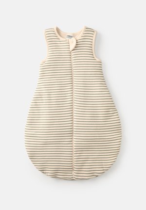 Schlafsack in Creme mit dünnen grünen Streifen; ärmelloses Design mit abgerundeter Unterkante; Frontreißverschluss; weicher Stoff.