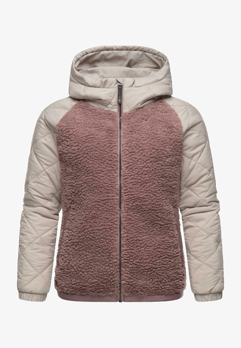 Hoodie met een zachte, donzige mauve voorkant en geborgen beige mouwen. Voorzien van een volledige rits en elastische manchet.