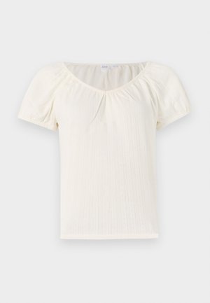 White short-sleeve top featuring a wide scoop neckline, textured vertical ribbing, and puffed sleeves for added detail.