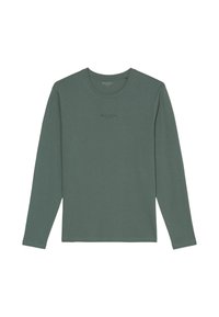 Langearm, crew-neck T-shirt in gedempt groen. Gemaakt van een zachte stof met een soepele textuur. Kenmerkt zich door minimale branding in lichte print op de borst.