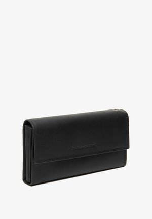Portefeuille en cuir noir de forme rectangulaire, avec un design à rabat, des accents cousus et un logo embossé sur le devant.