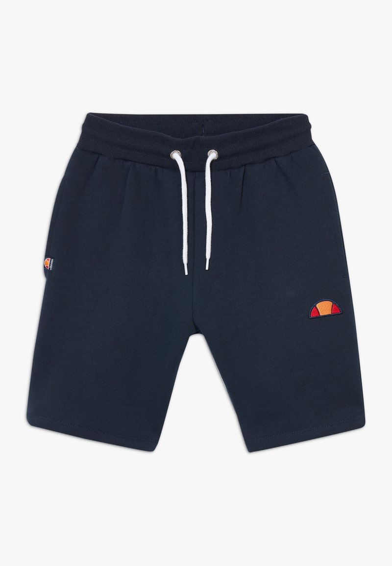 Short bleu marine à cordon avec taille élastique, cordons blancs et petits logos en demi-cercle orange et rouge sur la jambe gauche et la couture latérale.
