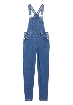 Salopette en denim bleu moyen, avec bretelles ajustables, poche avant et boutons sur le côté. Coupe droite avec une finition texturée.