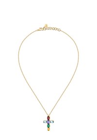Collana d'oro con pendente a forma di croce adornato con gemme colorate: rosso, blu, viola, verde e giallo.