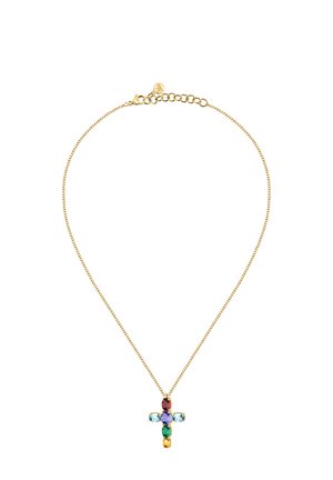 Collana d'oro con pendente a forma di croce adornato con gemme colorate: rosso, blu, viola, verde e giallo.