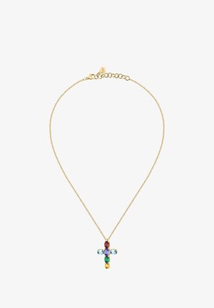 Collana d'oro con pendente a forma di croce adornato con gemme colorate: rosso, blu, viola, verde e giallo.