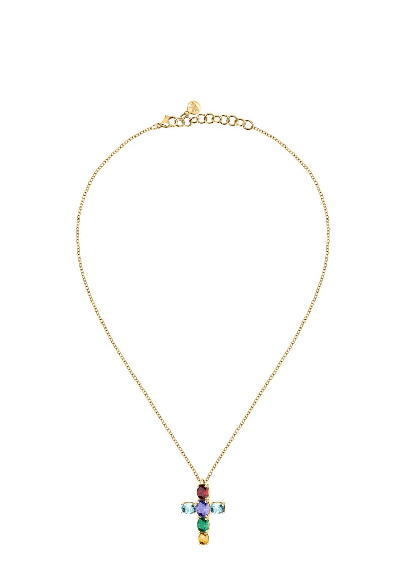 Collana d'oro con pendente a forma di croce adornato con gemme colorate: rosso, blu, viola, verde e giallo.