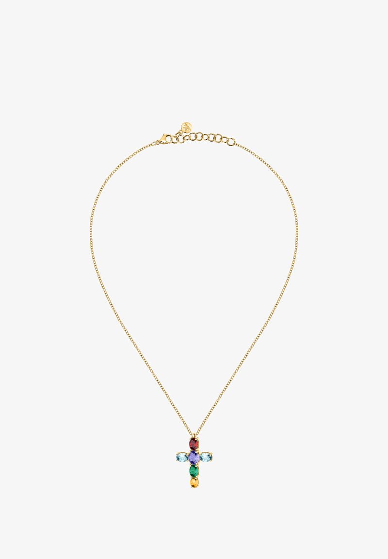 Collana d'oro con pendente a forma di croce adornato con gemme colorate: rosso, blu, viola, verde e giallo.