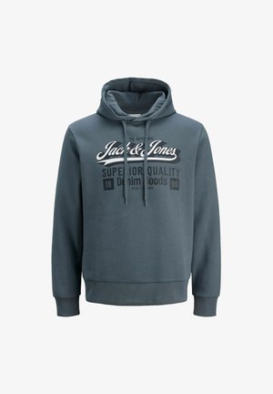 Donkergrijze hoodie met een bedrukt logo en tekst aan de voorkant. Gemaakt van zachte stof met ribgebreide manchetten en zoom.