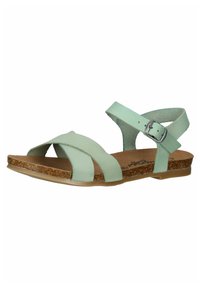 Muntgroene leren sandalen met een kurken voetbed, voorzien van kruislings straps en een gespsluiting op de achterste strap. Plat zool.