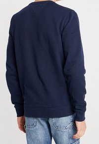 Tmavě modrá mikina vyrobená z měkkého materiálu, s kulatým výstřihem a žebrovanými manžetami, s jednobarevným designem a uvolněným střihem, viděná ze zad.