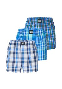 Three pairs of plaid boxers in blue and green tones, featuring elastic waistbands and contrasting check patterns.