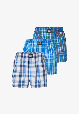 Boxershorts in blau-weißem Karomuster, aus weichem Stoff mit elastischem Bund und einem Logoetikett vorne.