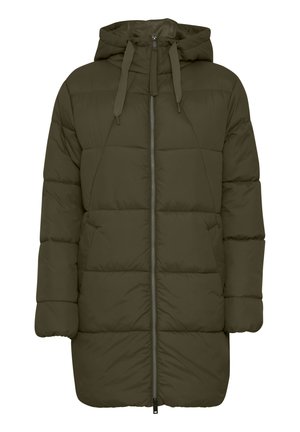 Olive green, long puffer jacket with a hood, featuring a zip front, elastic cuffs, and quilted pattern across the body.