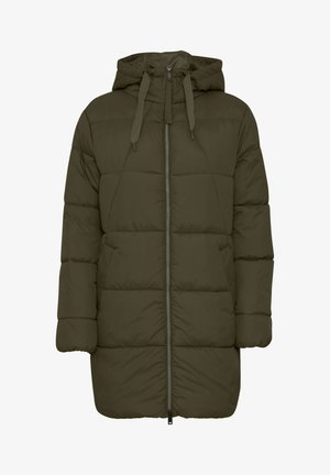 Alyvuogių žalios, ilgos pūkinės striukės su kapišonu, su užtrauktuku priekyje, elastinėmis apykaklėmis ir išsiuvinėtu raštu visu kūnu.