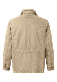 Beige cotton jacket with a pointed collar, elasticized waist, and buttoned cuffs. Features stitched accents and a relaxed fit design.