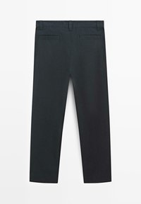 Black trousers made of smooth fabric, featuring a straight cut, back pockets, and a clean waistband with belt loops, displayed from the back.