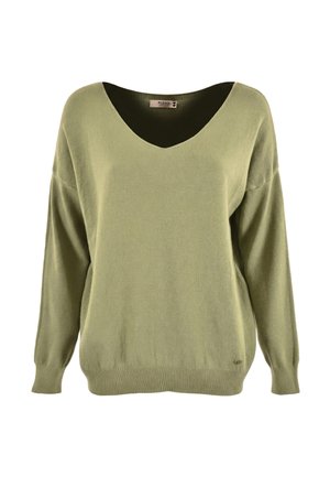 Pull en maille vert olive clair à manches longues avec col en V et poignets et ourlet côtelés, présenté sur un fond blanc.