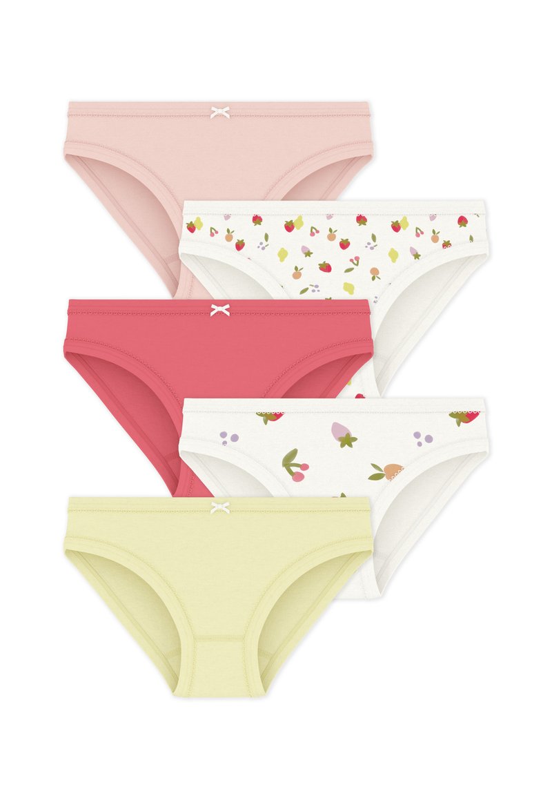 Πέντε ζευγάρια βαμβακερά εσώρουχα σε ανοιχτό ροζ, κοραλί, πράσινο και άσπρο με μοτίβα φρούτων, με διακοσμητικές κορδέλες στη μέση.