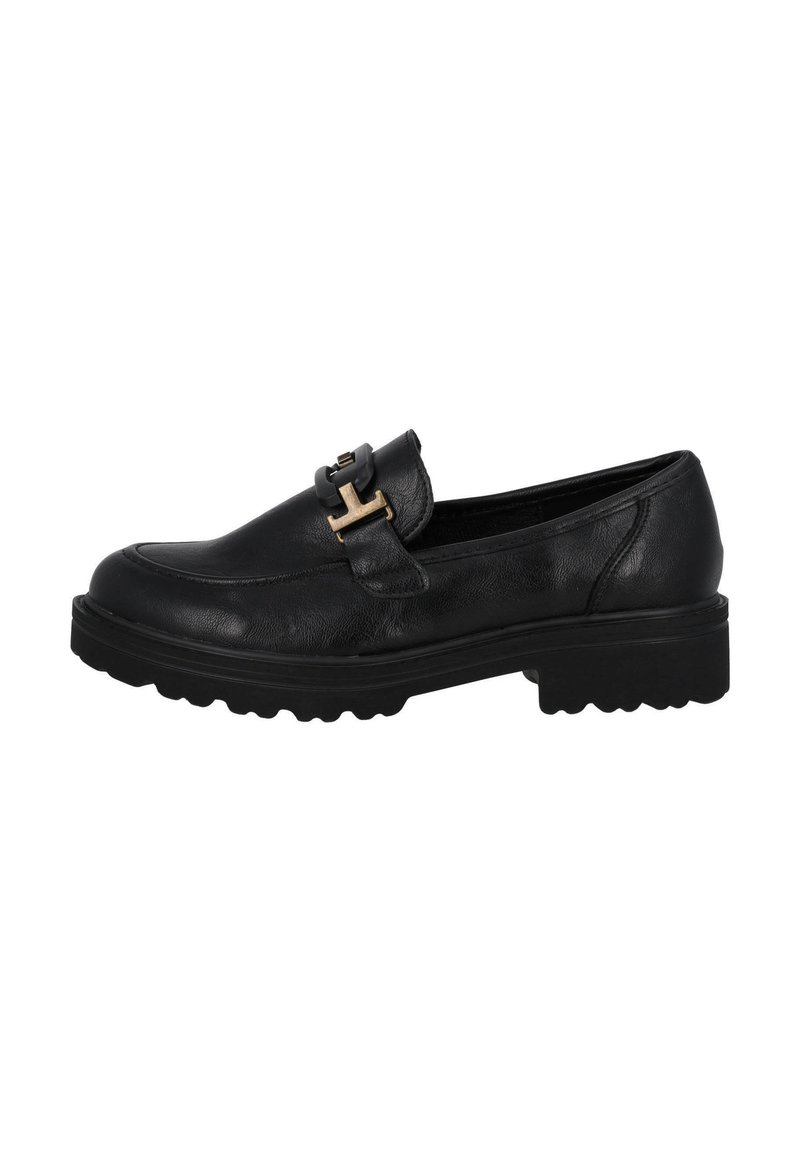 Mocasines de cuero negro con suela gruesa, que presentan un acento decorativo de hebilla, textura suave y diseño de punta redondeada.