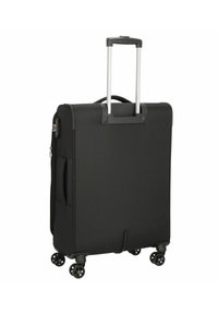 Valigia nera con un guscio rigido, manico telescopico in alluminio, quattro ruote nere e una tasca laterale per ulteriore spazio di archiviazione.