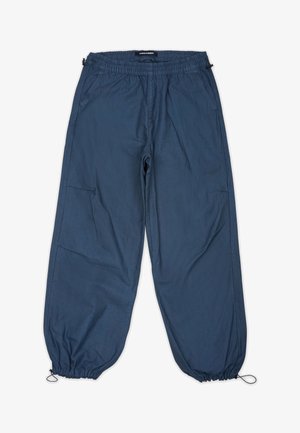 Blue, lightweight pants with elastic waistband, side pockets, and tapered cuffs. Fabric has a smooth texture with minimal visible seams.