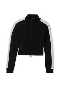Czarna krótka kurtka z zamkiem błyskawicznym, z białymi panelami bocznymi, dwoma zamykanymi na zamek przednimi kieszeniami, ściągaczami przy mankietach i wysokim kołnierzem. Wykonana z miękkiego materiału.