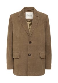 Brun ruskindsblazer med en enkelt knaplukning, fåreslag og to forlommer. Glat tekstur og uforet inderside.