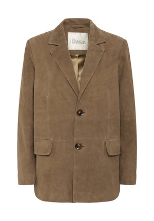 Brown suede blazer with a single button closure, notched lapels, and two front pockets. Smooth texture and unlined interior.