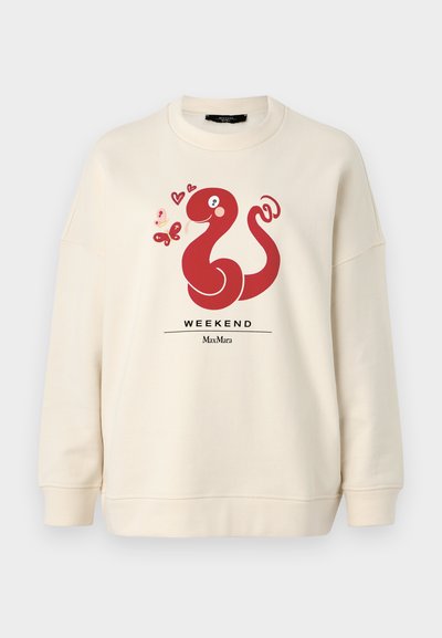 Cremfarbener Sweatshirt mit einem roten Schlangengrafik, Schmetterlingen und dem Text "WEEKEND" in Schwarz, mit gerippten Manschetten und Saum.