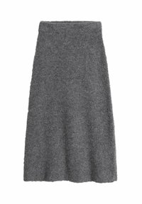 Grey wool A-line skirt with a textured finish, featuring a high waistband and flared shape that extends to knee length.
