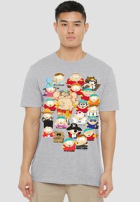 Gray cotton t-shirt featuring a colorful graphic of various cartoon characters arranged in a fun, playful design.