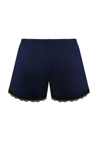 Granatowe szorty z elastycznym paskiem w talii, ozdobione czarną koronką wzdłuż dolnej krawędzi. Gładki, miękki materiał o luźnym kroju.