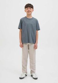 Camiseta de algodón gris con cuello redondo y estampado de logo en blanco. Se combina con pantalones beige claros y sneakers en blanco y negro.