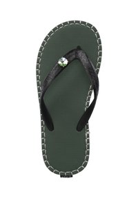 Czarna gumowa klapek z teksturowanym, ciemnozielonym wkładką. Posiada czarny pasek z dekoracyjnym kryształem i kontrastującym białym przeszyciem.