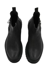 Stivaletti neri in pelle con una texture liscia, pannelli laterali elastici, linguetta per indossarli e una suola in gomma bassa per maggiore stabilità. Presentano una chiusura con zip.