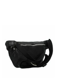 Zwarte leren crossbody tas met een gestructureerde afwerking, een ritssluiting aan de bovenkant en een stoffen schouderband. Voorzien van een zilveren rits en minimale naden.