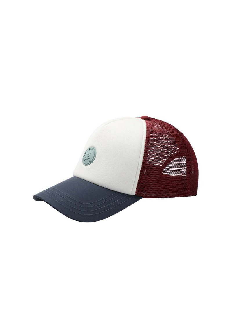 Gorra de camionero con una parte frontal blanca, visera azul marino y parte trasera de malla burdeos. Presenta un parche de logo redondo en la parte delantera y una correa ajustable.