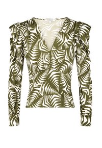 Haut à manches longues vert olive avec un col en V, fronces aux épaules, et un motif de fougères blanches sur l'ensemble. Confectionné dans un tissu doux et extensible.