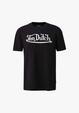 Czarny bawełniany t-shirt z dużym białym logo "Von Dutch" z przodu. Standardowy okrągły dekolt i krótkie rękawy. Miękka tekstura.