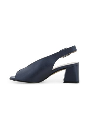 Scarpa slingback in pelle blu navy con punta aperta e tacco a blocchetto, cinturino regolabile con fibbia, vista laterale su sfondo bianco.